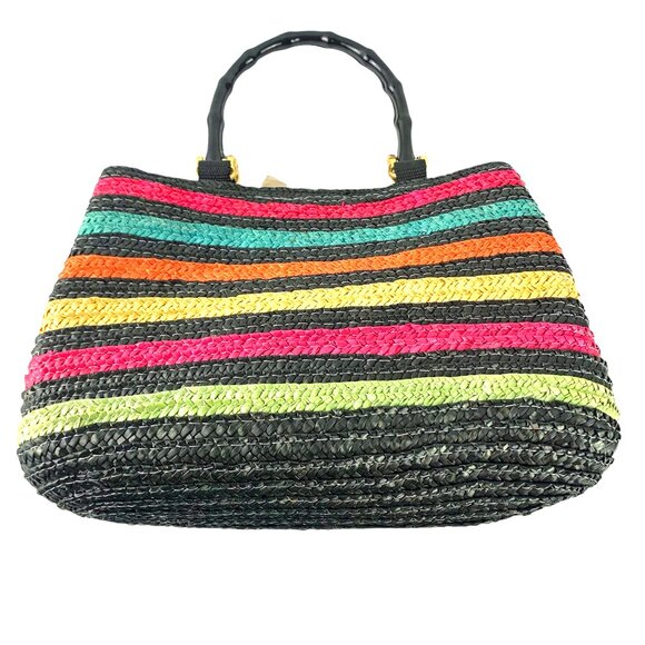 MAGID Multi Colored Striped Wheat Straw Double Wooden Handle Satchel - Picture 6 of 14